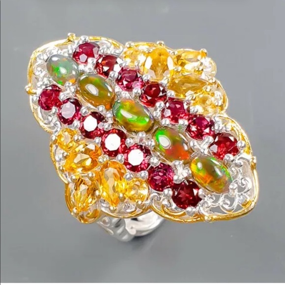 Breathtaking Genuine Fiery Opals, Citrine & Garnet Ring - Picture 12 of 16